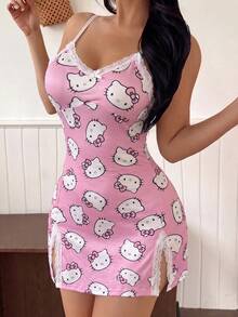 SANRIO 1件KT猫咪蝴蝶结蕾丝拼接侧开衩性感休闲可爱牛奶丝面料女士睡裙 - 粉色 - 查看 4