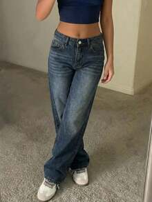 Women's Vintage Loose Stacked Straight Leg Jeans - Navy Blue - View 3