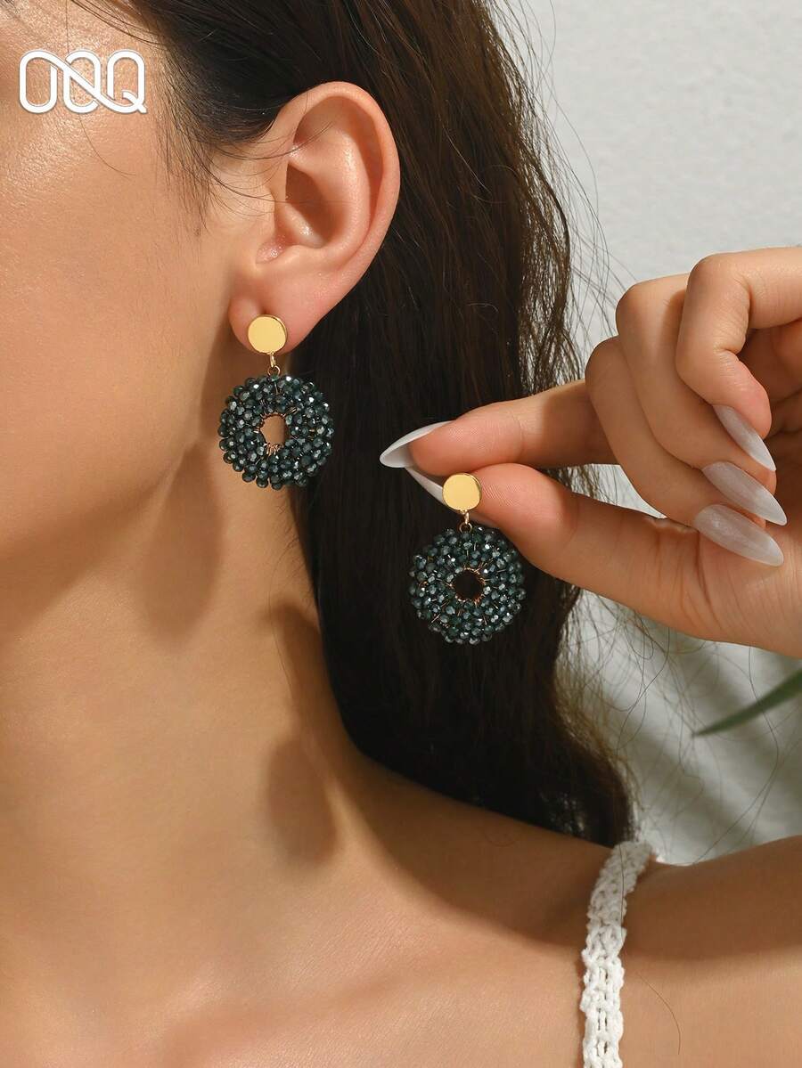 OOQ 1 Pair Handmade Bohemian Style Crystal & Seed Bead Earrings, Vintage Elegant Geometric Water Drop Earrings, Suitable For Valentine's Day, Music Festival, Wedding, Gift For Friends And Lovers, Suitable For Women's Daily, Vacation, Party Wear (Handmade Seed Bead Color And Position Random) - Green - View 1