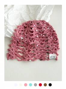1 chiếc mũ len dệt kim khoét lỗ đính sequin cho nữ, mũ len móc dễ phối đồ mùa xuân hè, mũ len cao cấp giữ ấm. - Hạt kim sa hình xương cá - Xem 18