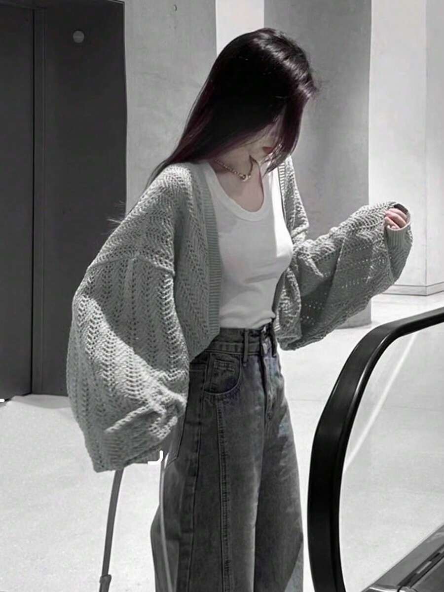 蝙蝠袖镂空网眼针织罩衫,女士无袖薄纱披肩外套(春季款) - 灰色 - 查看 1