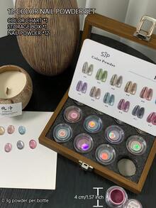 Set de 12 colores de polvo de uñas de espejo mágico con tarjeta de colores y caja de almacenamiento, decoración de arte de uñas DIY, adecuado para principiantes en el arte de uñas - Multicolor - Ver 8