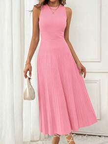 Women's Summer Mid-Length Dress Sleeveless Crew Neck Knitted A-Line Pleats Set Casual Wedding Guest Sundress - Hồng - Xem 2