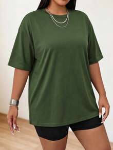Speed mate Plus Size Women's Solid Color Round Neck Short Sleeve Casual Fitness Sports T-Shirt - Dark Green - View 5