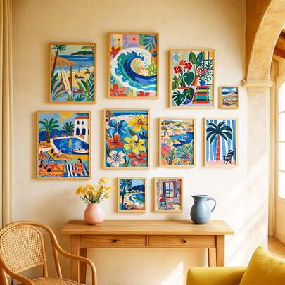 10幅/1幅 马蒂斯风格夏季海岸帆布艺术墙画，带框/无框可选，彩色海浪印花海报，适用于客厅、卧室、宿舍等场所，无框美观家居墙面装饰，也可用于浴室、厨房、客厅、卧室、办公室、大学宿舍等装饰。