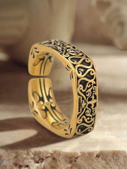 1 chiếc nhẫn đồng cổ điển, họa tiết cuộn xoắn trang nhã, hai màu, mặt rộng, có thể điều chỉnh kích thước, chạm khắc hoa văn nổi, chất liệu giả cổ, phù hợp cho việc đi lại hàng ngày và trang phục kiểu Trung Quốc.