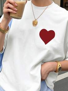 New Spring/Summer Fashion Women's Round Neck Simple Heart Pattern Print Stylish Cool Summer Short Sleeve Casual T-Shirt Circle Print - White - View 3