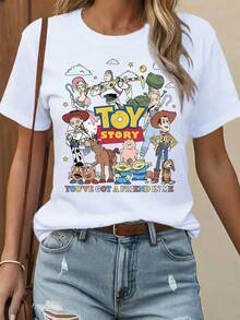 Disney Licensed Women's Spring Short Sleeve T-Shirt With Toy Story Character Print, New Spring/Summer Women's Casual Short Sleeve Top 2026, Disney Series Printed Round Neck Summer T-Shirt, Suitable For Spring And Summer, Disney Trip, Fashionable Casual Daily Commuting Vacation Versatile Vintage Style Top. - trắng - Xem 6