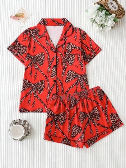 2pcs Leopard Print Bow Tie Pajama Set For Women, Quality Satin Fabric, Soft & Comfortable, Loose Cardigan Short Sleeve & Shorts Sleepwear Set, Sweet & Cool Loungewear
