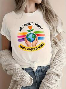 Women's 220g Heavyweight Crew Neck T-Shirt - White Casual T-Shirt With Unity & Positivity Graphic Print, Globe, Rainbow Hands & What A World Print, All-Season Comfortable Fit, Machine Washable Leisurewear For Women's Empowerment & Na-Sleep - White - View 6