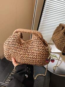 轻便拉菲草单肩包，适合海滩、旅行和日常使用 - 卡其色 - 查看 3