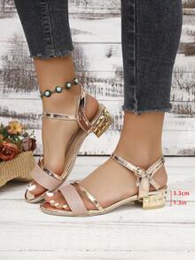 1 Pair Rose Gold Rhinestone Open Toe Sandals, Luxury Rivet Thick Heel Shoes, Suitable For Teenagers Party & Casual Wear In Summer - Rose Gold - View 4