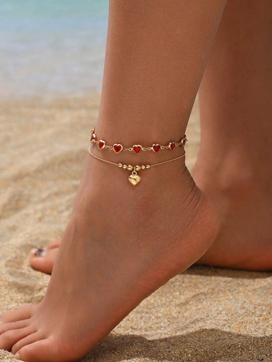 2 piezas Tobillera multicapa con colgante de corazón dorado, tobillera multicapa delicada con cuentas, joyería versátil para uso diario y vacaciones en la playa - Dorado - Ver 1