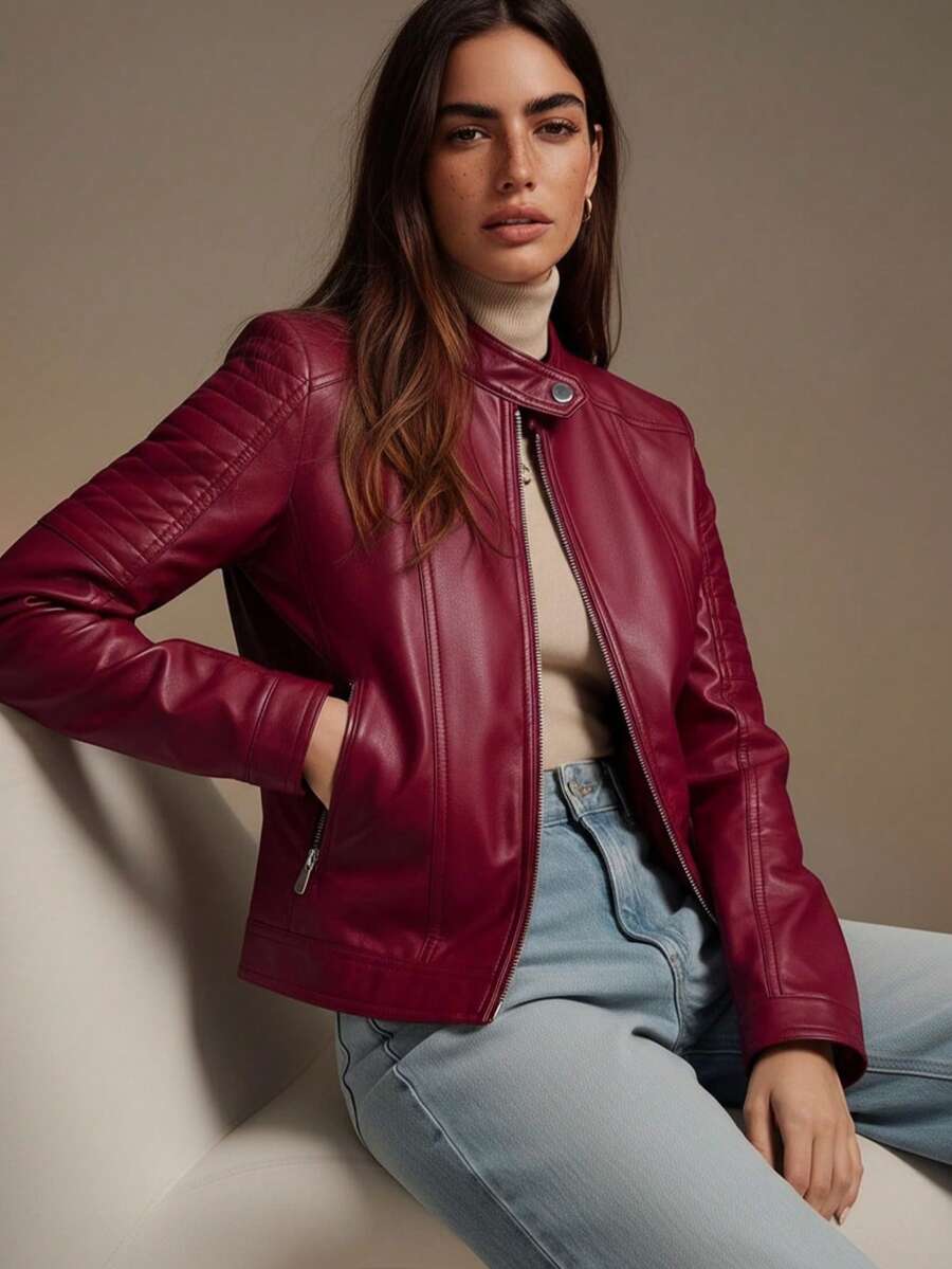 Giolshon Women's Autumn/Winter PU Leather Jacket, Street Style Design With Zipper Pockets Fall