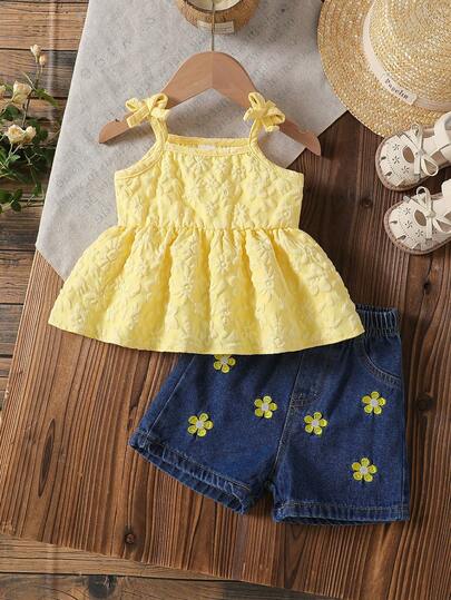 2pcs Baby Girls Summer Outfit - Pale Yellow Sweet Floral Bow Camisole Top And Denim Shorts With Embroidered Daisy
