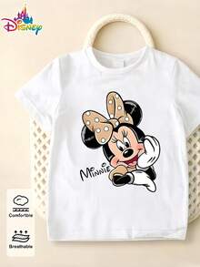 [Official Disney Minnie Mouse T-Shirt] Cute Cartoon Short-Sleeved Top For Girls, Polka Dot And Bow Minnie Mouse, Perfect For Summer Casual Wear. - trắng - Xem 2