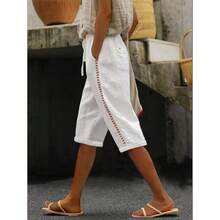 Casual Summer Shorts In Woven Cotton-Linen With Openwork Side Lace - Navy Blue - View 7