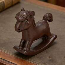Rocking Horse Figurine Ornaments Wooden Cartoon Animal Statues For Home Office Decoration - Nâu đỏ - Xem 3