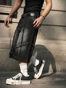Shorts vaqueros de hombre de moda callejera, diseño de parches desgastados, shorts vaqueros de pierna ancha y suelta, shorts vaqueros de estilo hip hop callejero, shorts de rodilla transpirables y versátiles - Negro - Ver 7