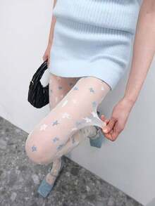 1件轻盈浪漫的白蓝星形提花连裤袜，春夏少女风 - 彩色 - 查看 6