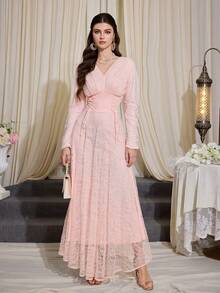 Elegant Women's Pink Lace V-Neck Long Sleeve Formal Dress, Cinched Waist Design, Flared Skirt, Perfect For Evening Parties And Balls - Baby Pink - View 8