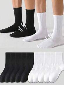 3/5/6/10 Pairs Solid Color Men's Mid-Calf Socks, Comfortable And Breathable, Suitable For Daily, Business, Sports, And Wear, Unisex - White - View 12
