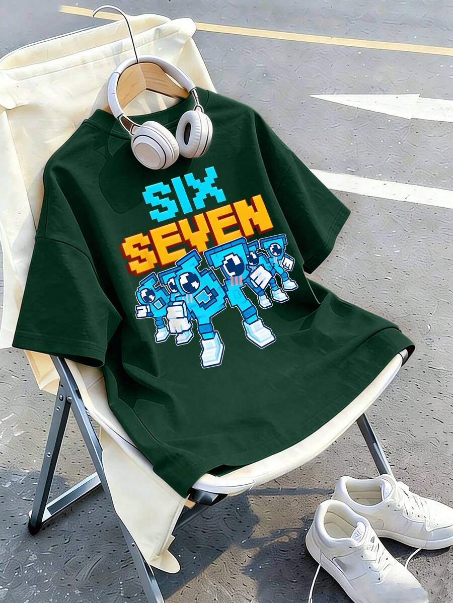 Boys Cartoon Number "67" & Letter Print Round Neck Short Sleeve T-Shirt, New Spring/Summer Children Clothing - Dark Green - View 1