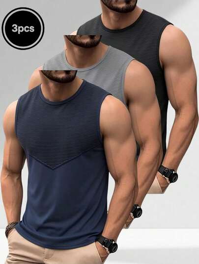 男士夏季条纹背心三件套，无袖运动T恤，休闲健身上衣，适合健身房、户外和街头穿着