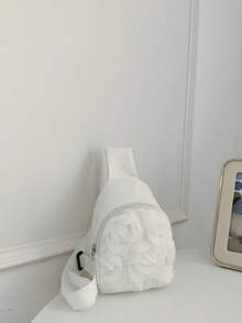 White 3D Floral Chest Bag, Mesh Rose Design, Girly Crossbody Chest Bag - White - View 8