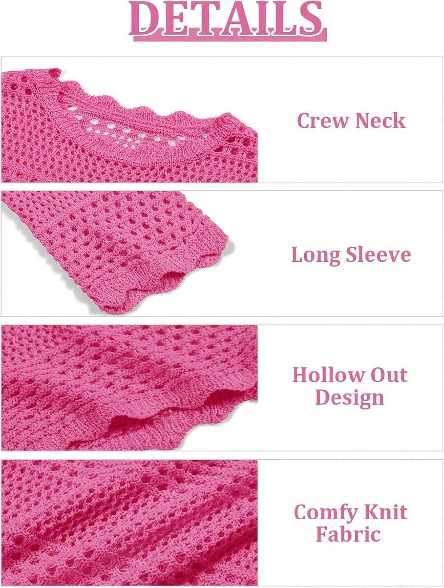 Girls Crochet Long Sleeve Swimsuit Cover Up Kids Fashion Hollow Out Swimwear Beach Dress 5-14 Years - Hồng - Xem 1