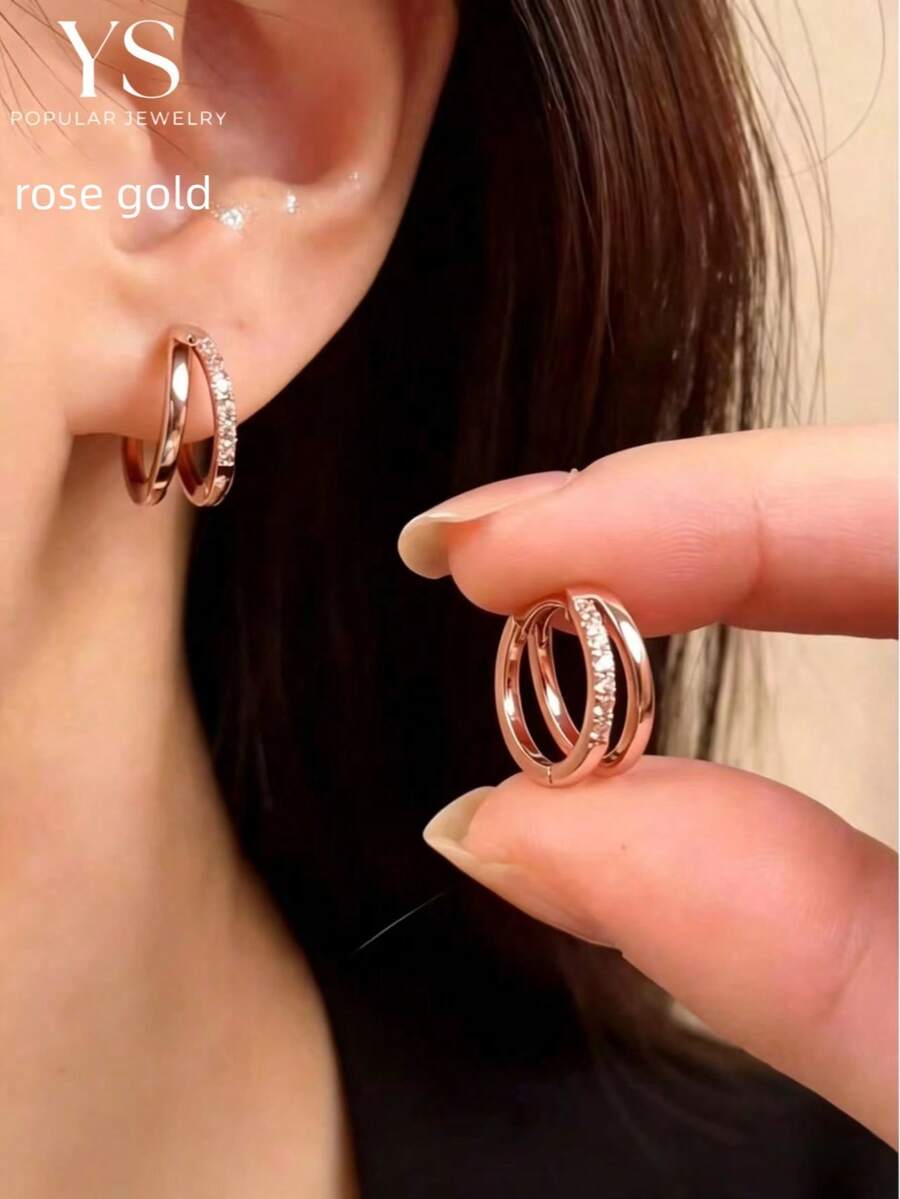 1对精美耳环 - 时尚与优雅的完美融合，双层设计，铜质微镶嵌耳钉，玫瑰金色调，适合年轻女士和学生佩戴