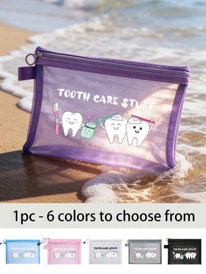 卡通牙齿图案收纳袋，网状便携化妆包，可爱牙刷“牙齿护理用品”字母印花化妆包，旅行化妆包；牙科诊所纪念品，诊所礼品，度假必备沙滩泳衣收纳用品；非常适合送给女朋友；可折叠轻便化妆包，适合商务旅行和便携式登机包。夏季音乐节必备。适合作为生日礼物、返校礼物、毕业礼物、旅行配件。