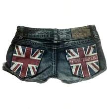 Patriotic Blue Or Black Denim Shorts With USA Flag Print, Contrast Color Panels, Low-Rise Fit, And A Slimming Sexy Silhouette – Perfect For Resort Vacations, Prom Nights & Daily Wear, Exuding Effortless Casual Elegance Summer Outfits Mini Shorts - 藍色 - 查看 7