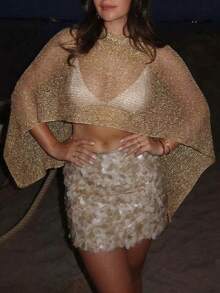 夏季新款女士时尚休闲闪亮棕色轻薄针织罩衫，不规则下摆设计，套头衫，波西米亚风格，适合海滩度假、旅行、约会、日常休闲穿着、海滩派对和泳池聚会等场合。 - 棕色 - 查看 2