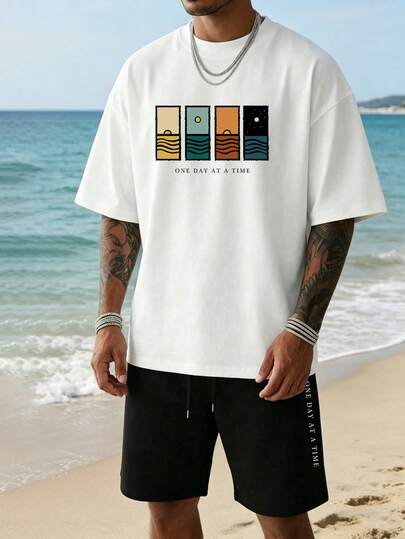 Herren einfaches bedrucktes Kurzarm T-Shirt, bequem & atmungsaktiv, modischer Sommerstil, Herren Urlaubsoutfit, Herren bedrucktes T-Shirt Set