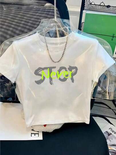 Y2K Fashion Spicy Printed Women'S Sexy Waist Short T-Shirt |     Retro European And American Style, Slim Fit, Classic Color, Versatile Women'S Clothing, Crew Neck, Short Sleeve, Slight Stretch Fabric New 2026 Summer Casual Crop Top For Women,Blusas Bonitas De Mujer