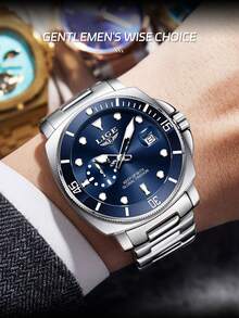 LIGE Men's Fashion Business Casual Waterproof Date Quartz Watch, High-End Luxury Wristwatch - Silver - View 5