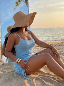 Vestido holgado de punto informal, bajo ajustable con cordón, adecuado para vacaciones, playa, viajes de verano, tallas grandes, elegante para primavera - Celeste - Ver 5