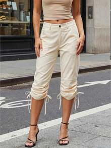 Women's Spring Summer Capri Pants Drawstring Cuff Solid Color Slim Fit Cropped Trousers - 卡其色 - 查看 1