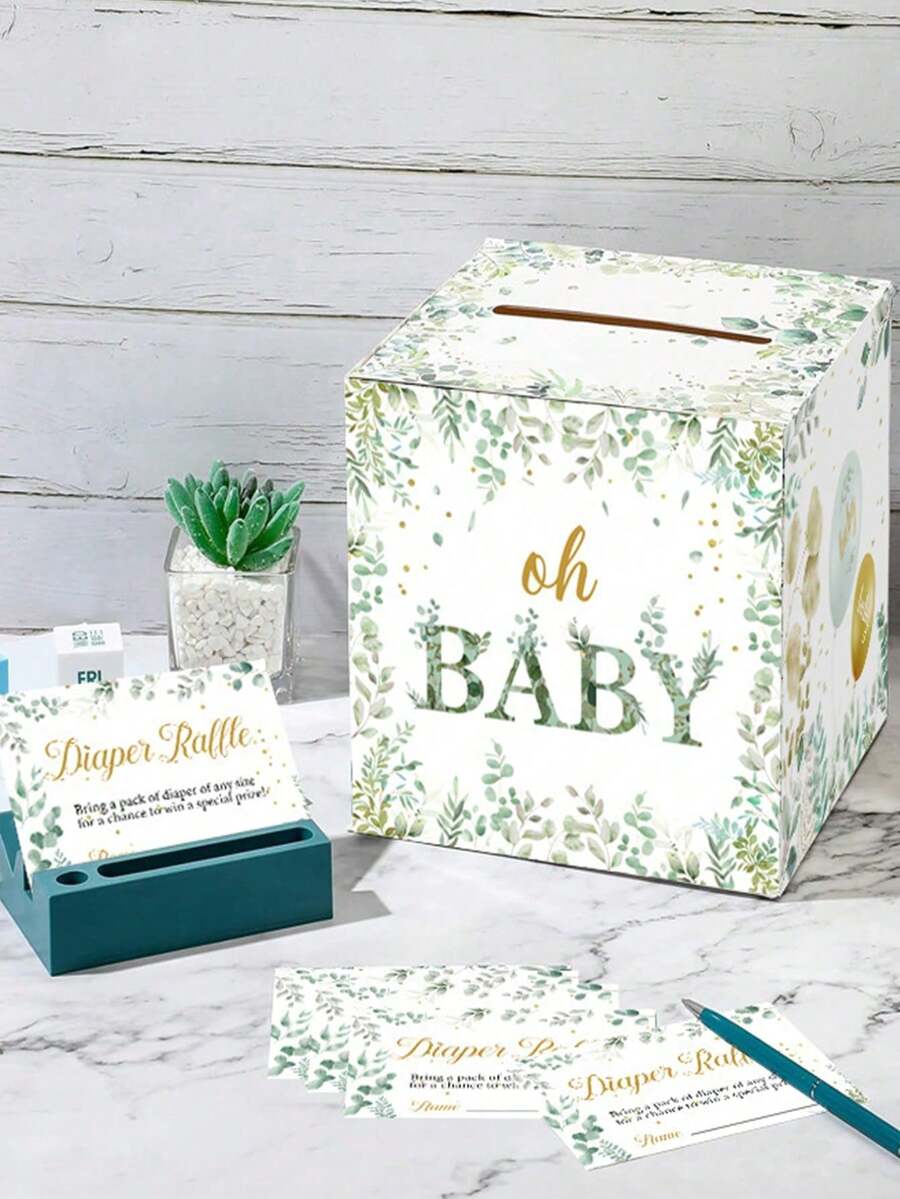 1set Oh Baby Diaper Raffle Box With 50 Tickets, Eucalyptus Greenery Oh Baby Baby Shower Game Kit, Gender Neutral Party Favors For Gender Reveal