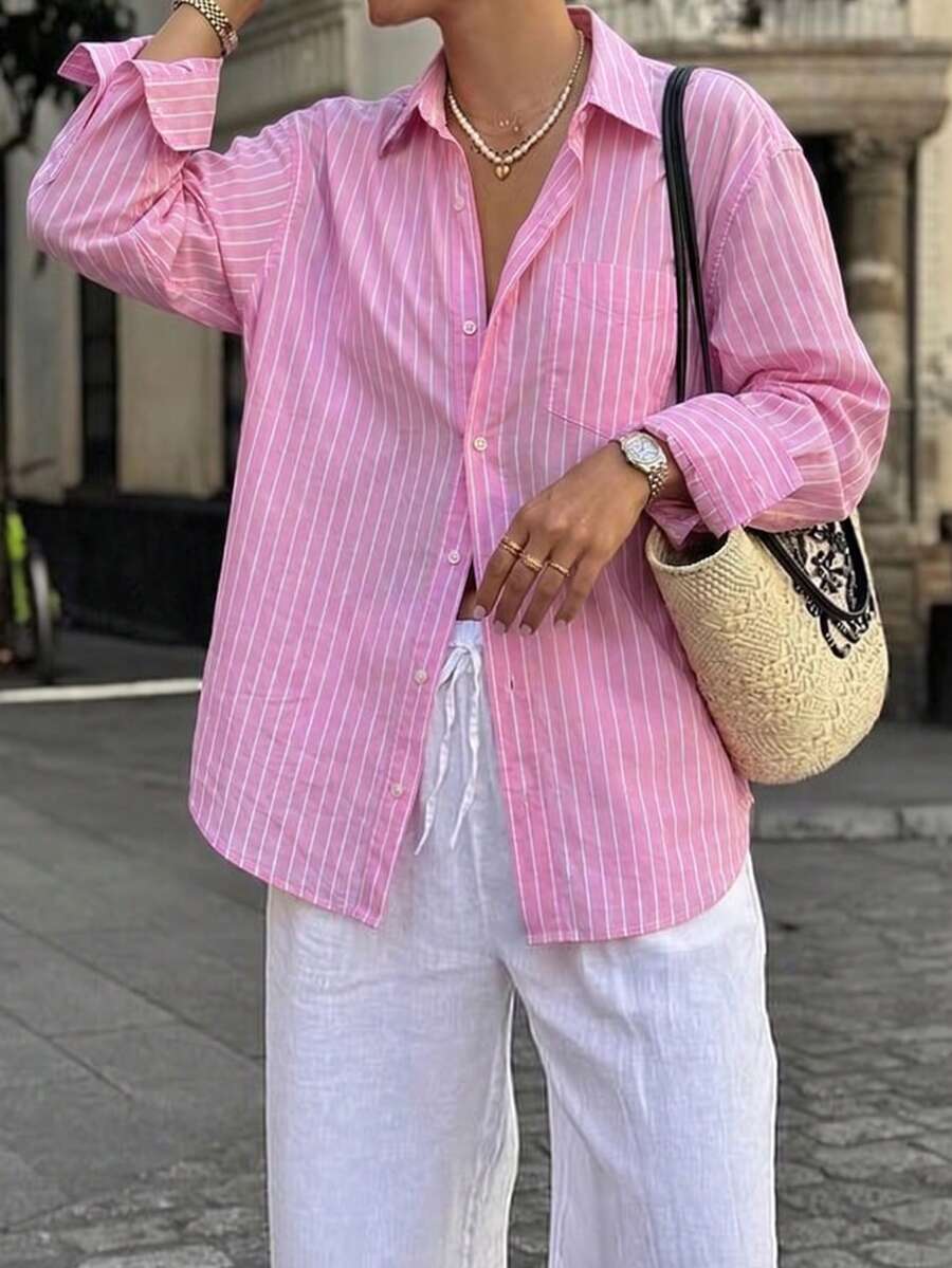 Camisa suelta a rayas rosas para mujer Look Polly, camisa casual de manga larga con bolsillo, adecuada para vacaciones en la playa, atuendo de fiesta de cumpleaños en primavera - Rosa - Ver 1