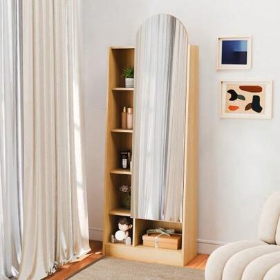 Schuhschrankk, Spiegeltüre, Garderobenschrank, Ankleidespiegel mit Stauraum, Hochschrank, Badschrank mit verstellbaren Ablagen Naturholzoptik-H165/B60T28 cm