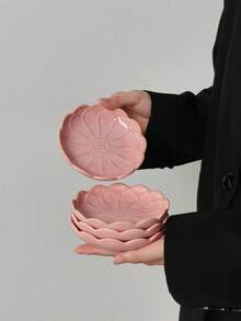 1pc/2pcs/4pcs/6pcs/8pcs Pink Ceramic Flower Shaped Plates, Cute Sakura Small Dishes, Japanese Embossed Floral Sauce Bowls Suitable For Sushi, Snacks, Desserts, Tea Bags, Home, Restaurant, Kitchen Tableware - Multicolor - View 17