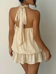Women's Elegant Metallic Glitter Knotted Halter Mini Dress, Multi-Layered Backless Beach Vacation Dress For Summer Party - Gold - View 2