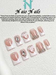 NAIO 10pcs/Set Spring And Summer Handmade Press On Nails Short Duck Nail Tips, Y2K Baddie Style, Nude And White Color With French Edge, Floral Reliefs And Rhinestone Inlays French Fake Nails, Suitable For Women And Girls, Party, Daily Wear, Comes With Tool Kit, Great Gift For Ladies Nails Nail Supplies - Multicolor - View 2