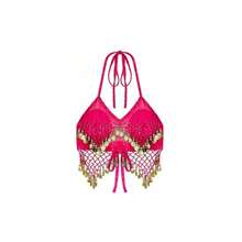 Bộ gồm 1 áo bra cổ yếm thủ công đính sequin và dây buộc tua rua, kết hợp với chân váy kiểu saree đính sequin. Hoàn hảo cho múa bụng, lễ hội, tiệc tùng, đi biển, phong cách boho và retro. - Nhiều màu - Xem 10
