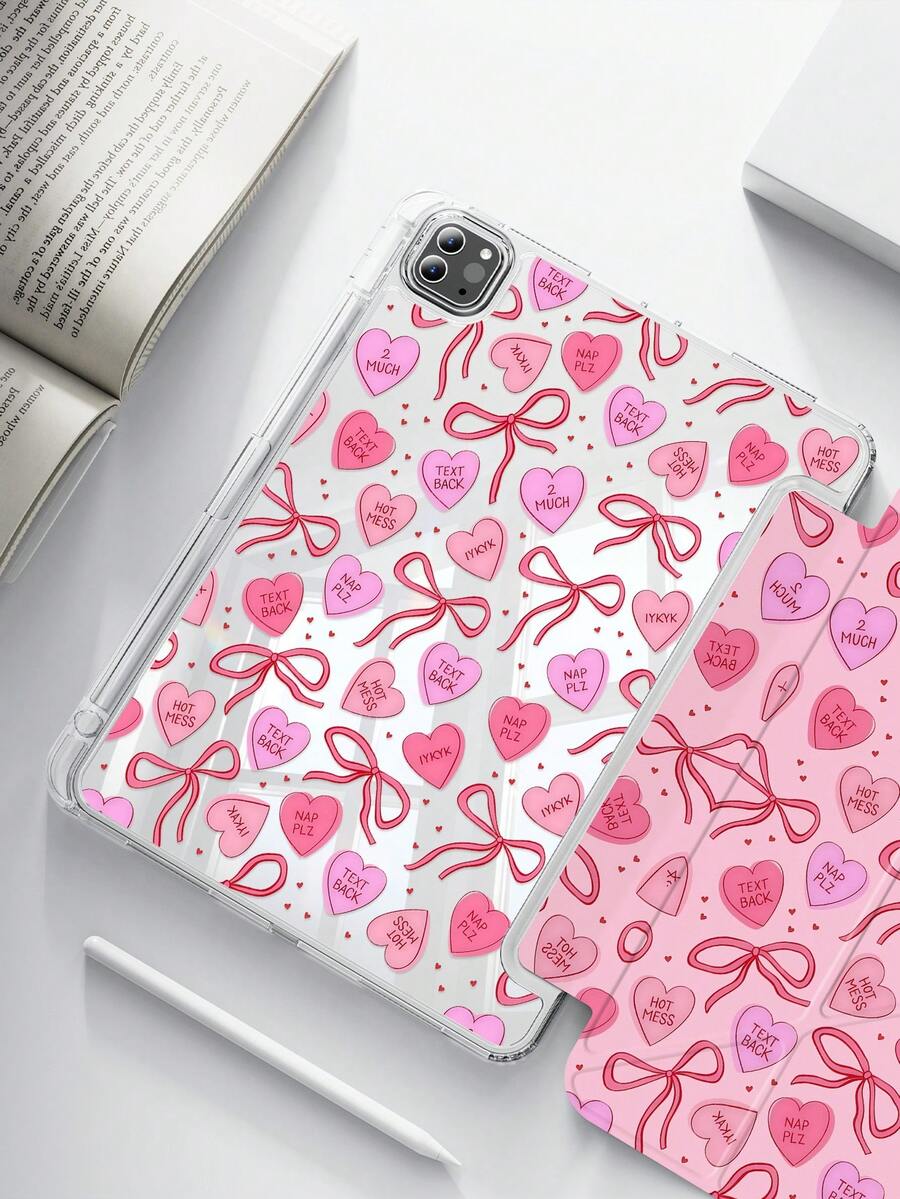 A Cute Cartoon Heart Letter Bow Dual-Sided Acrylic Transparent Crystal Back Cover, Shock-Proof, Suitable For IPad 7th, 8th, 10th Generation (10.2 Inch), Built-In Pen Slot, Support Sleep/Wake Function, Ideal Gift Choice - Multicolor - View 1