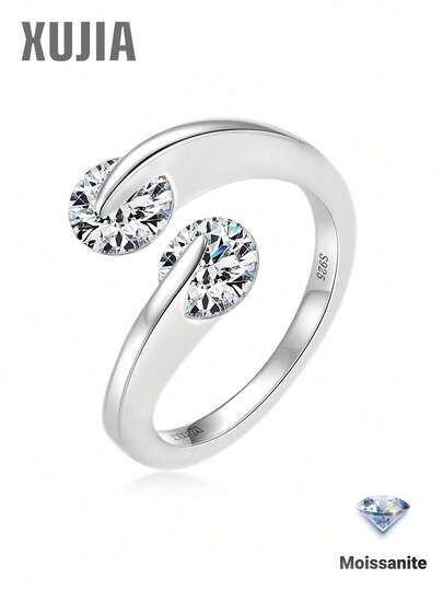 XUJIA 1枚925纯银2.0克拉莫桑石戒指，镶嵌两颗6.5毫米圆形莫桑石，女士结婚订婚戒指，周年纪念礼物，新娘结婚礼物