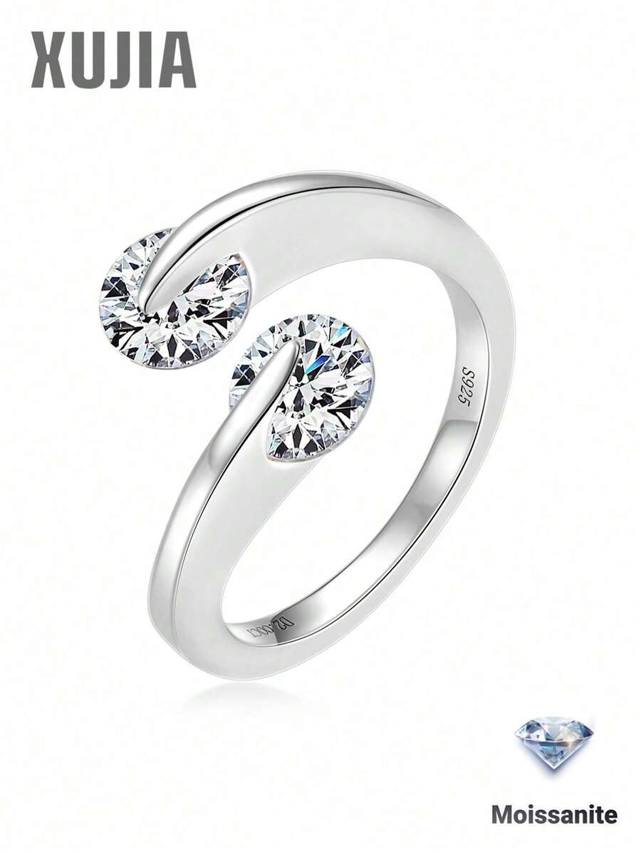 XUJIA 1 chiếc nhẫn bạc 925 đính đá Moissanite 2.0 carat, hai viên đá Moissanite tròn 6.5mm, nhẫn cưới/đính hôn cho nữ, quà tặng kỷ niệm, quà cưới cho cô dâu.