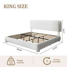 Full/Queen/King Size Boucle Bed Frame, Cloud Upholstered Platform Bed With Height Adjustable Headboard & Soft Rounded Corners, No Noise Free, Easy Assembly,White - trắng - Xem 8
